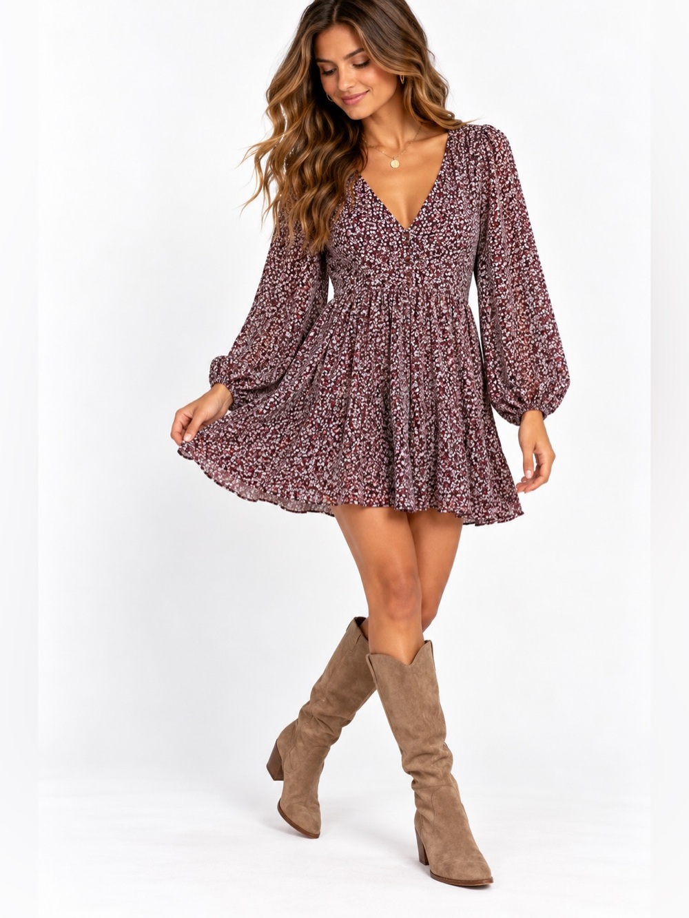 Wishlist Floral Babydoll Mini Dress Burgundy V-Neck Balloon Sleeve S/M